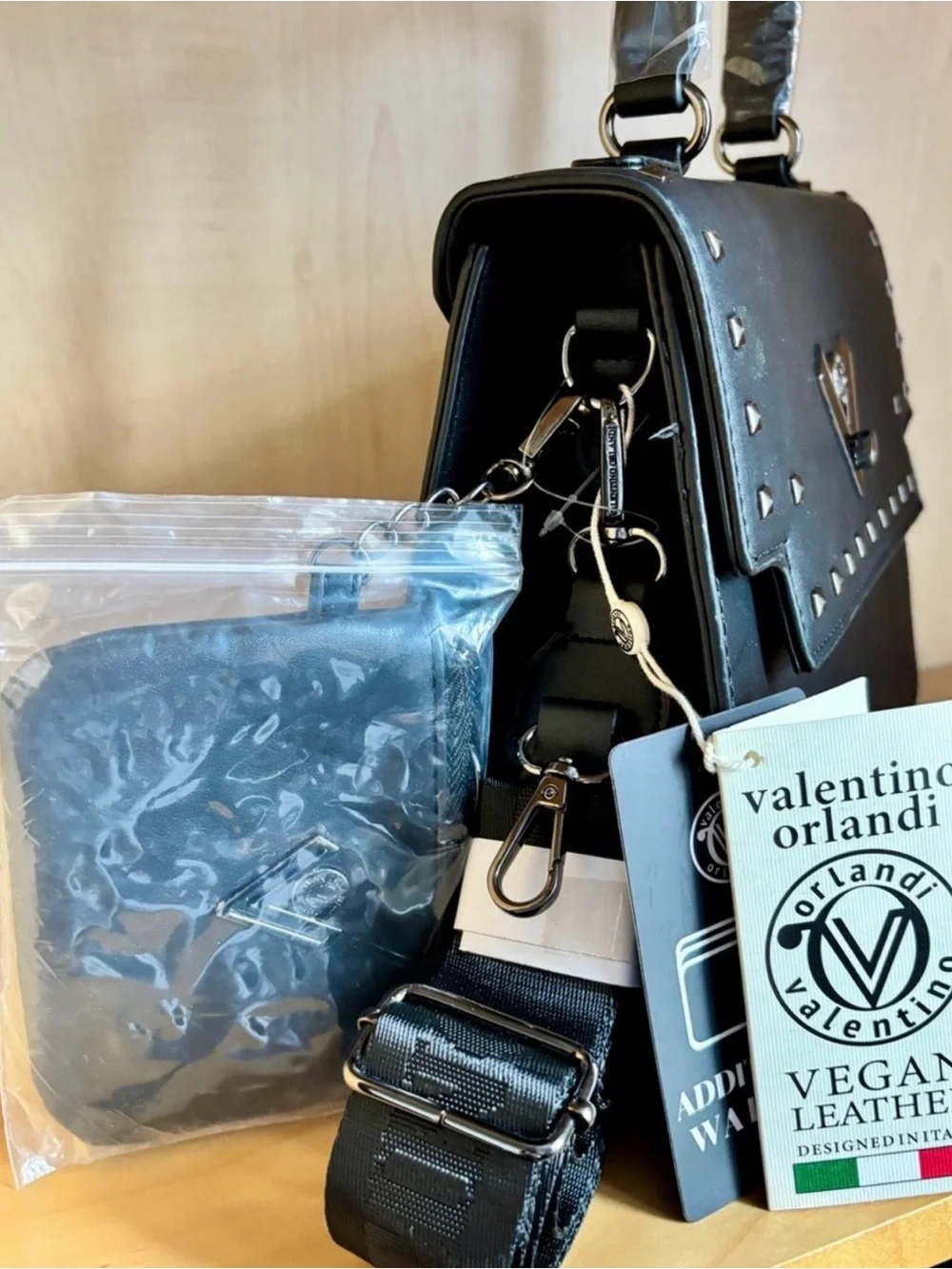 NWT Valentino Orlandi Black Vegan Leather Studded Satchel w/matching Wallet